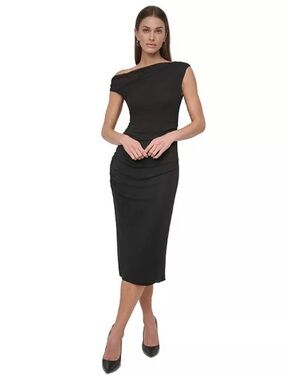 DKNY Black One-Shoulder Ruched Midi Dress